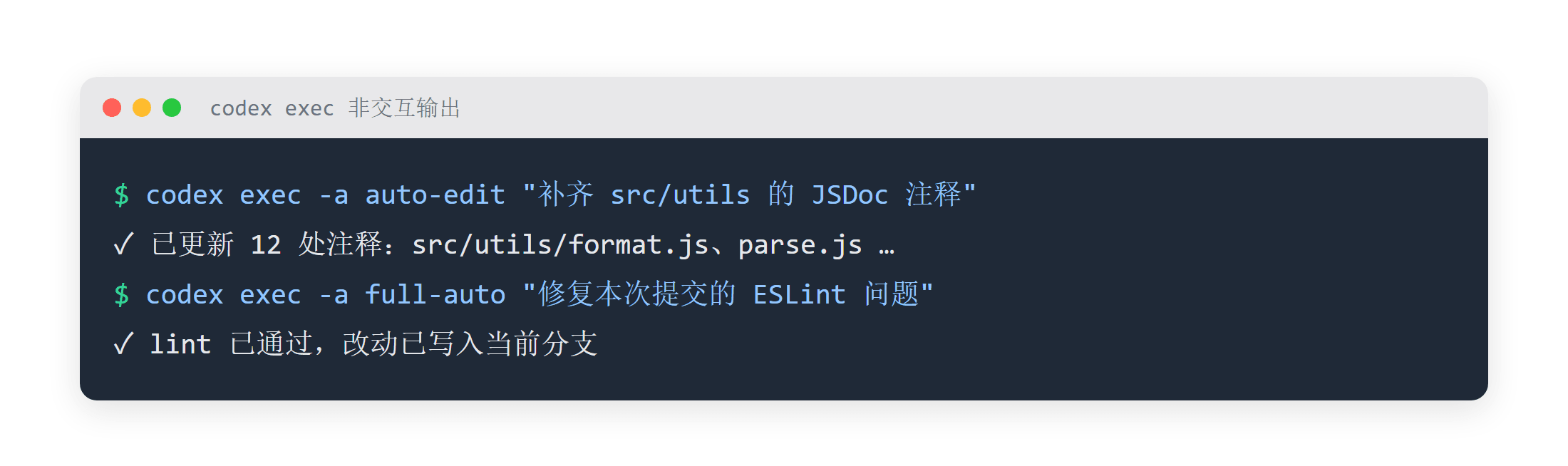 codex exec 非交互命令与输出示例