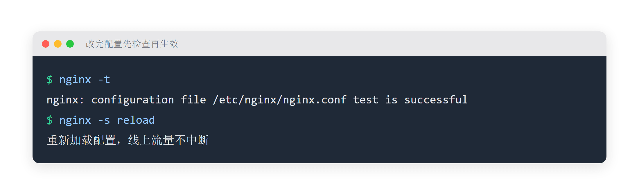 nginx -t 与 reload 验证输出示例
