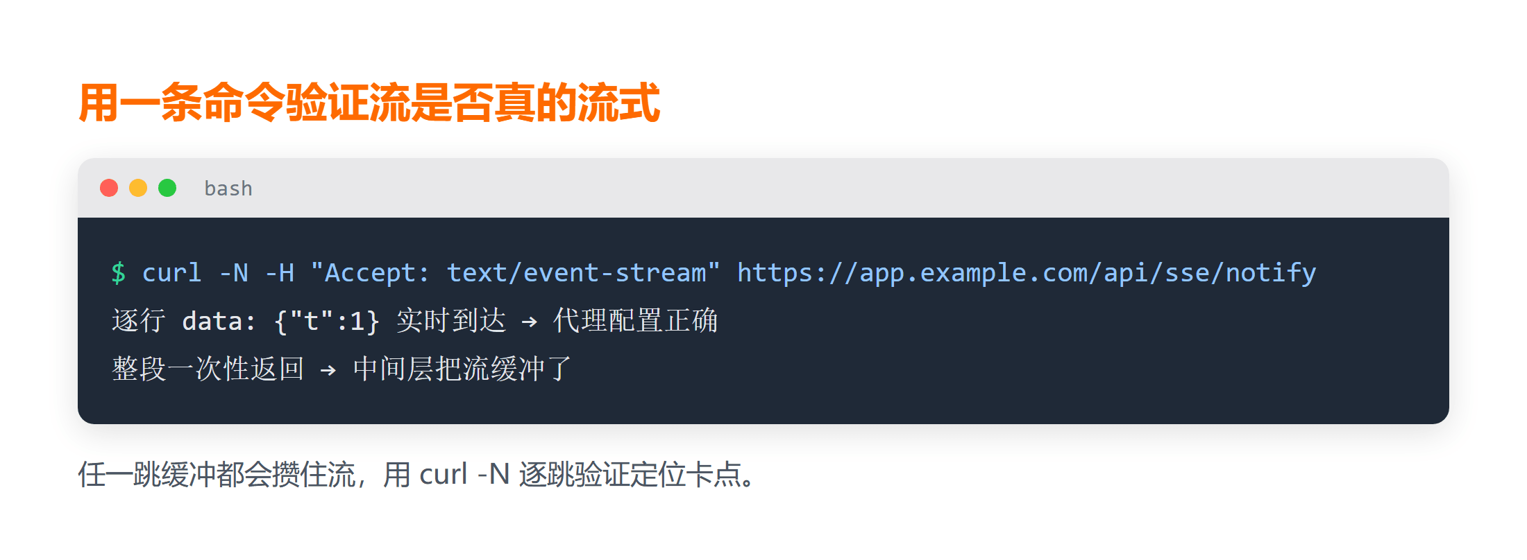 一条 curl 验证代理后的 SSE 是否真正流式