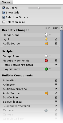Unity Gizmos菜单,显示一些项目与分配的自定义图标和一些最近修改的项目 Unity Gizmos菜单,显示一些项目与分配的自定义图标和一些最近修改的项目
