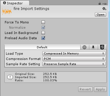 Unity 检查器窗口显示音频文件的导入设置
