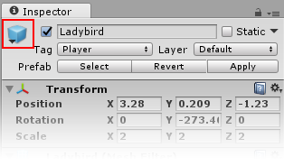 Unity检视窗口中的GameObject选择图标按钮（此处用红色方块突出显示）